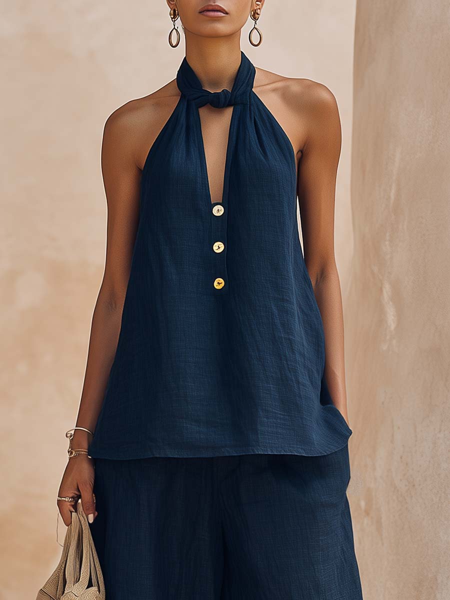 Casual Urban Halter Neck V-neck Front Button Dark Blue Cotton Linen Top And Pants Set