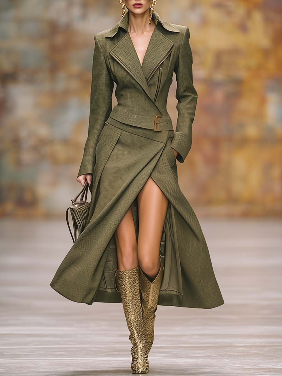 Vintage Temperament Street Style Lapel Slant Collar Belt Khaki Green Slit Windbreaker Style Maxi Dress