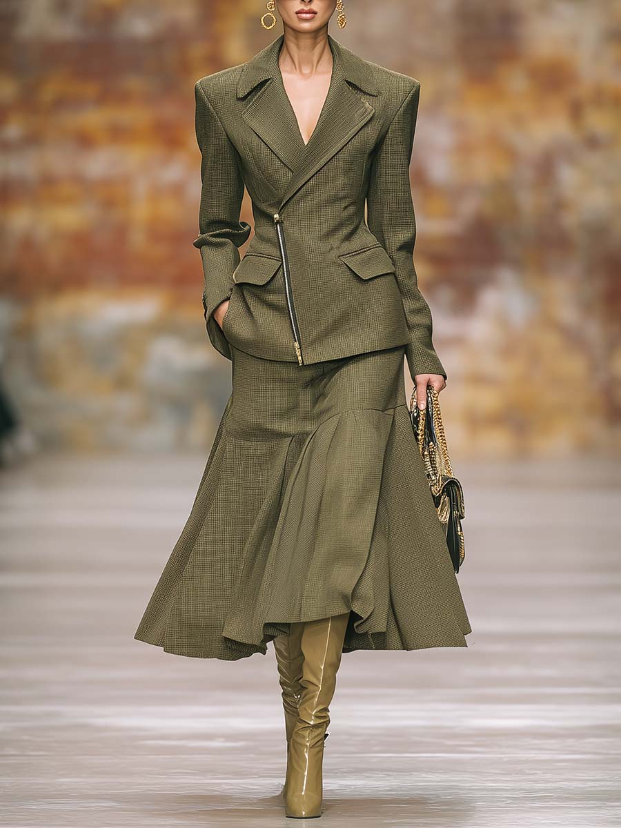 Temperament Street Retro Khaki Green Slant Lapel Front Zipper Jacket And Long Skirt Set