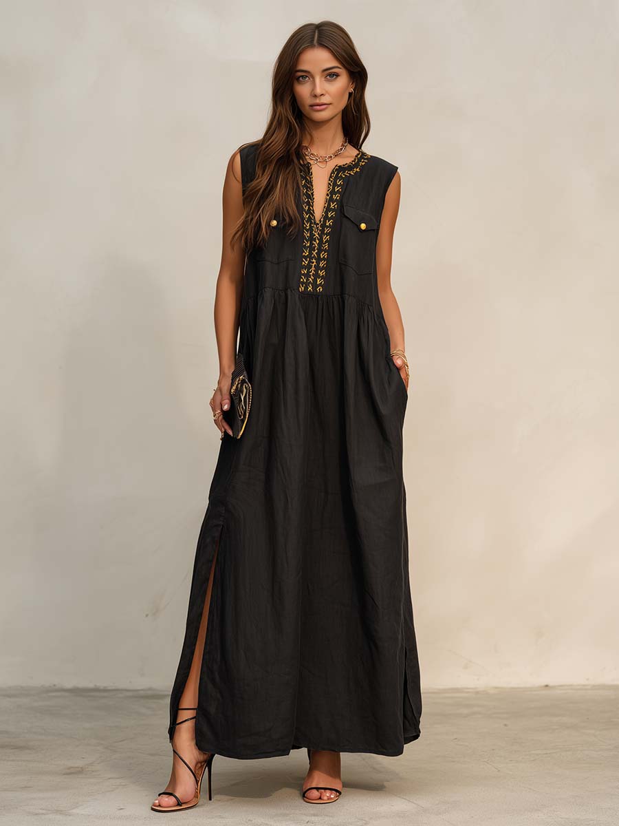 Exquisite Casual Loose Fit Gold Embroidered V-neck Sleeveless Black Cotton Linen Maxi Dress