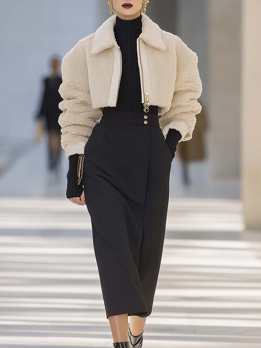 Temperament And Fashion Off-white Polar Fleece Wide-shoulder Cropped Jacket And Black Long Skirt