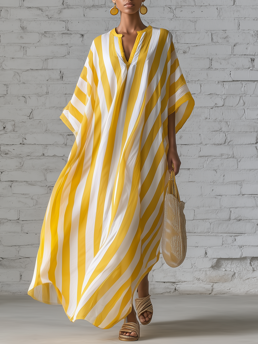 Stylish Simple Loose-fitting Long-sleeved V-neck Yellow And White Striped Chiffon Maxi Dress