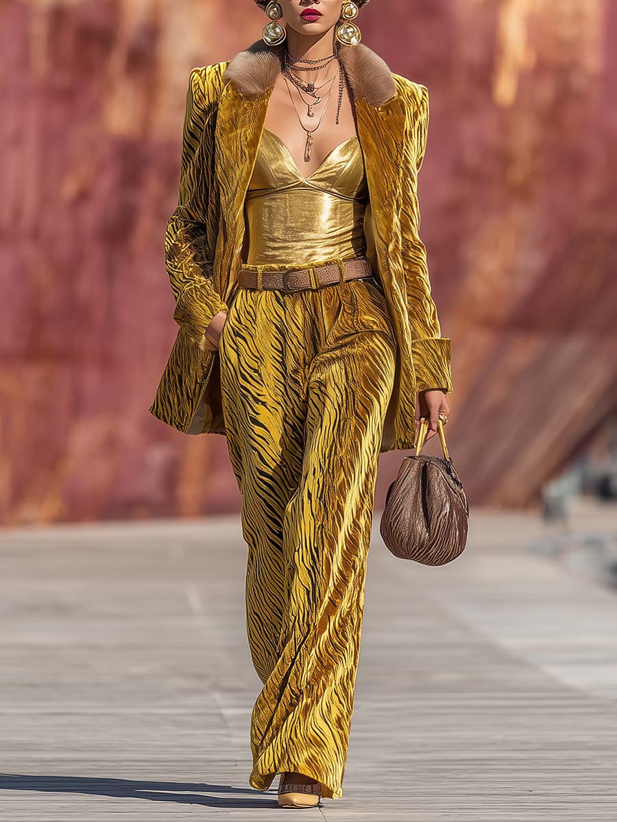 Retro Personality Street Gold Velvet Tiger Print Faux Fur Collar Blazer And Wide-leg Pants Suit