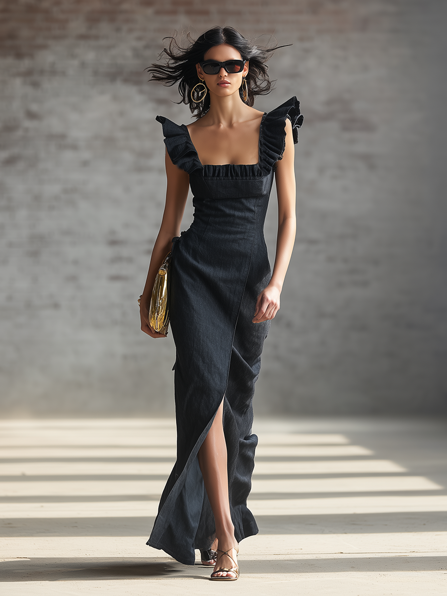 Retro-style Loose-fitting Sleeveless Ruffled Square-neck Slit Faux Denim Black Maxi Dress