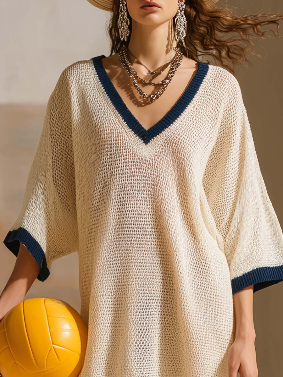 Comfortable And Breathable V-neck Short-sleeved Off-white Openwork Knit Mini Dress