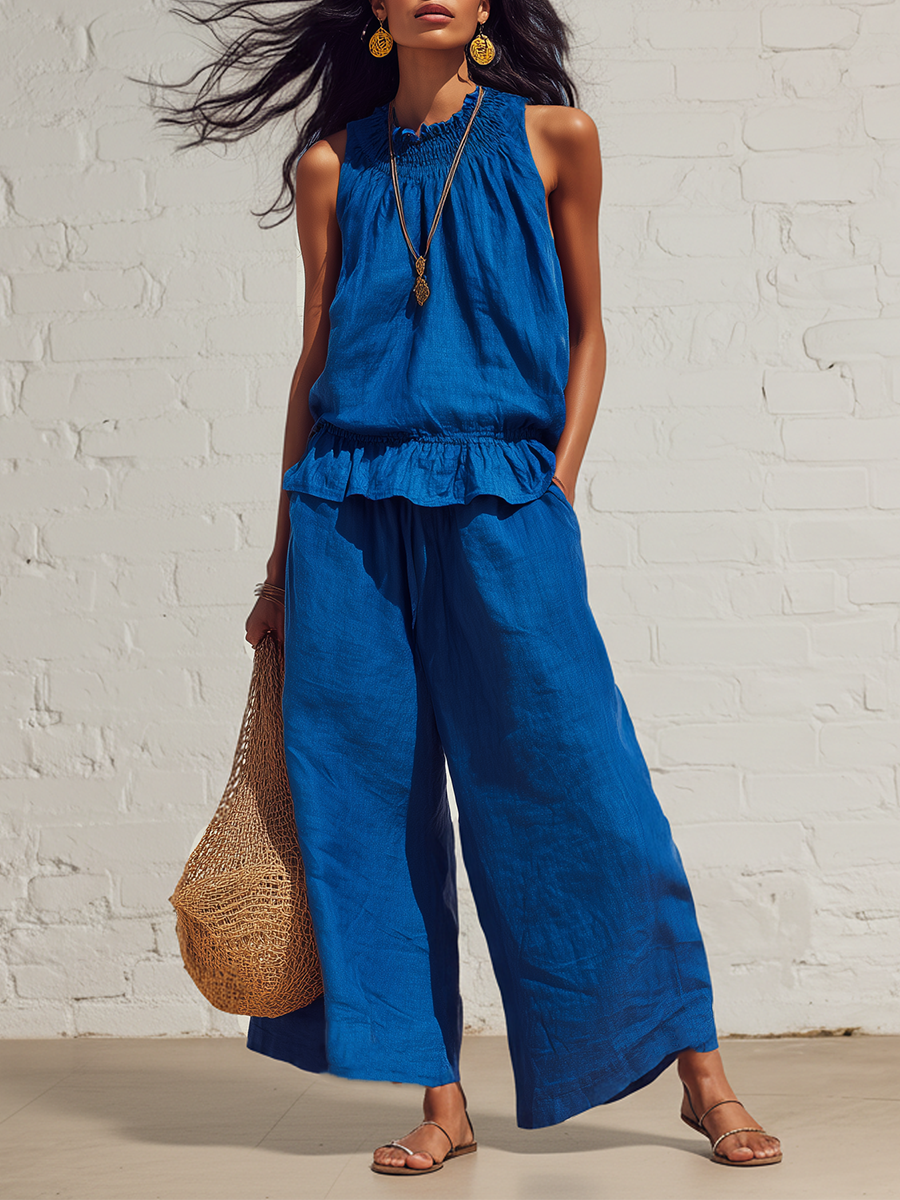 Urban Blue Cotton Linen Sleeveless Ruffled Top And Wide Leg Pants Set