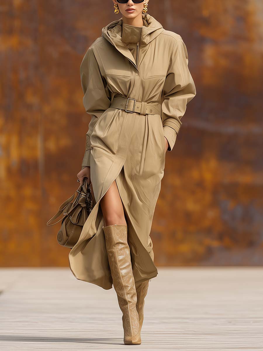 Vintage Temperament Stand Collar Hooded Front Zipper Belt Khaki Trench Coat