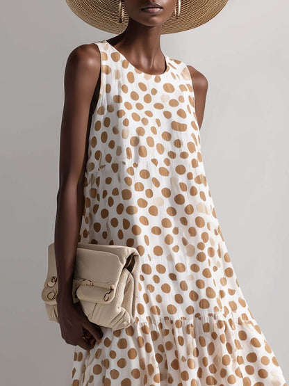 Fashionable Sophisticated Elegant Round Neck Sleeveless Polka Dot Printed Off-white Chiffon Vacation Maxi Dress