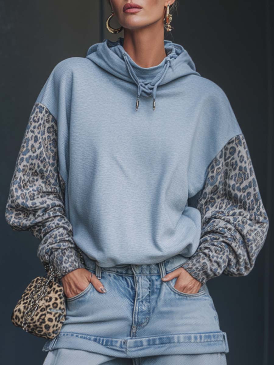 Casual Fashion Street Leopard Sleeve Gray Cotton Hoodie