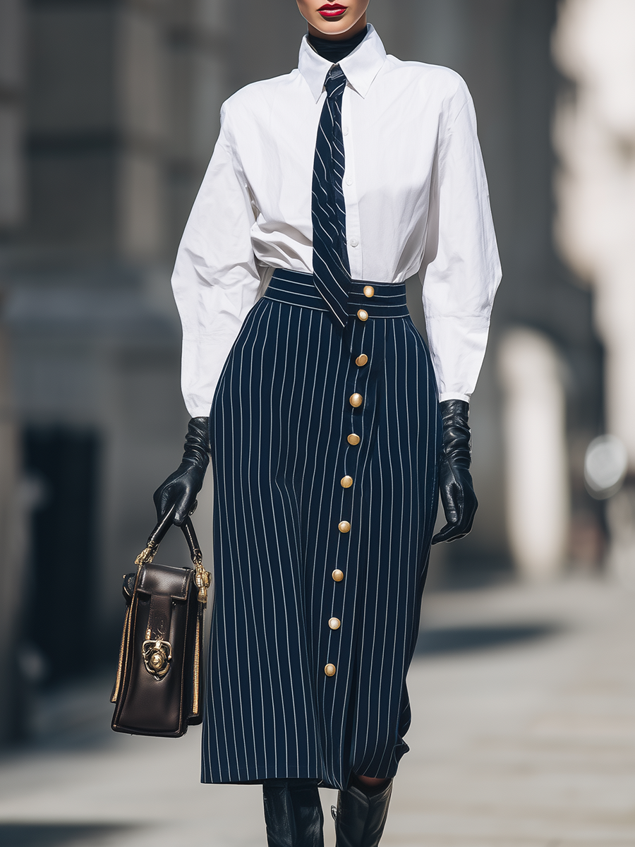 Stylish Business Long-sleeved Shirt And Striped Skirt Set