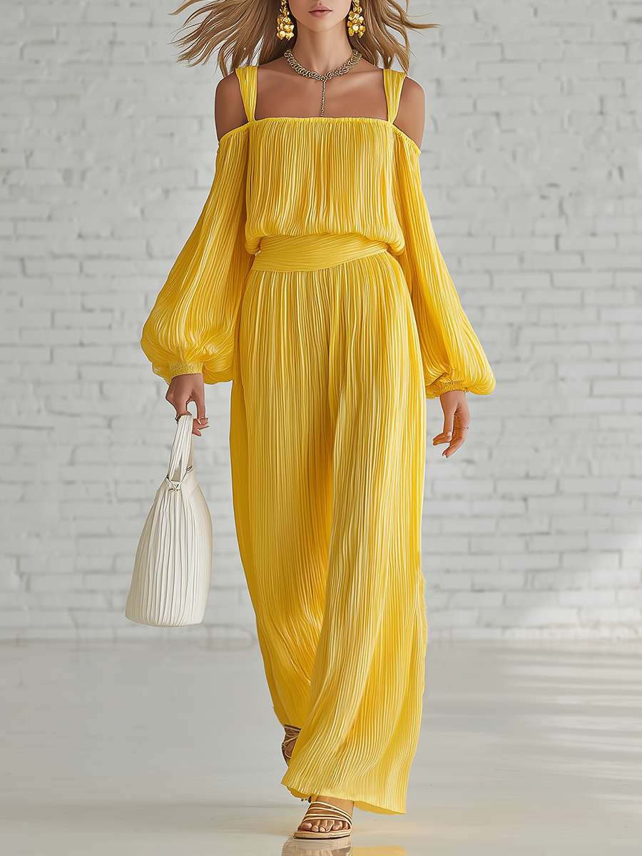 Casual Yellow Pleated Off Shoulder Chiffon Top And Wide Leg Pants Set