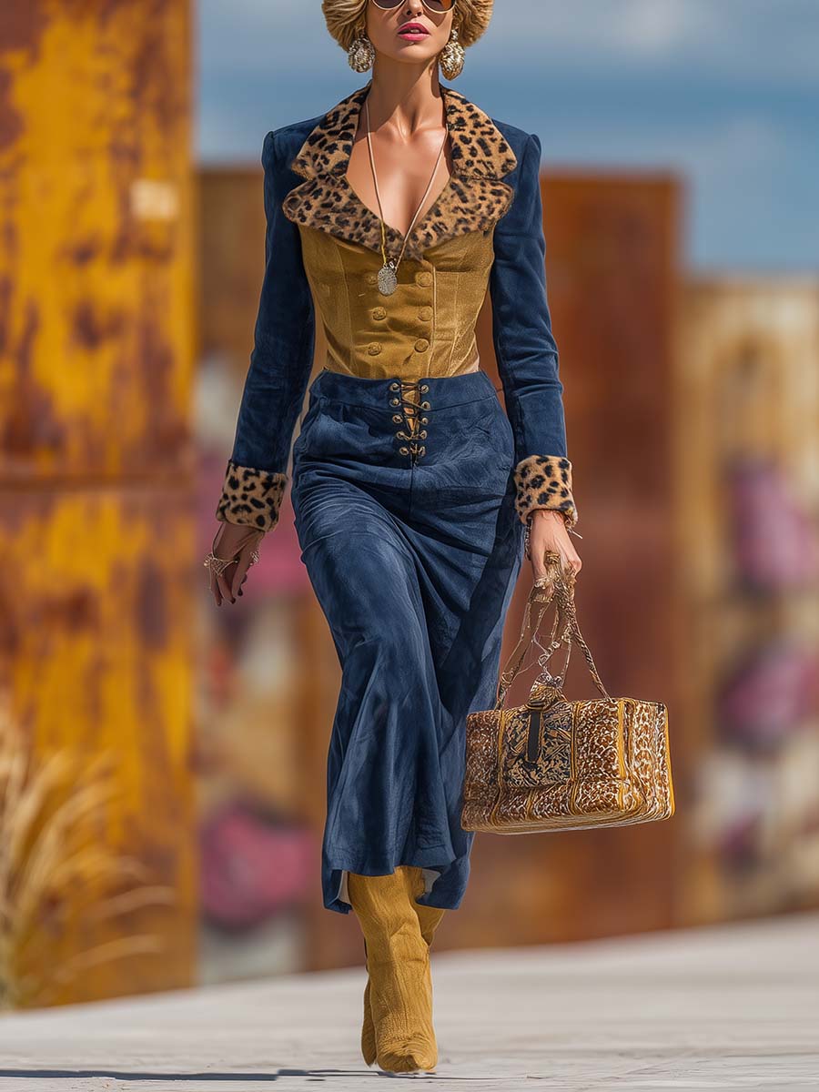 Retro Personality Street Yellow And Blue Contrast Leopard Print Lapel Jacket And Skirt Velvet Suit