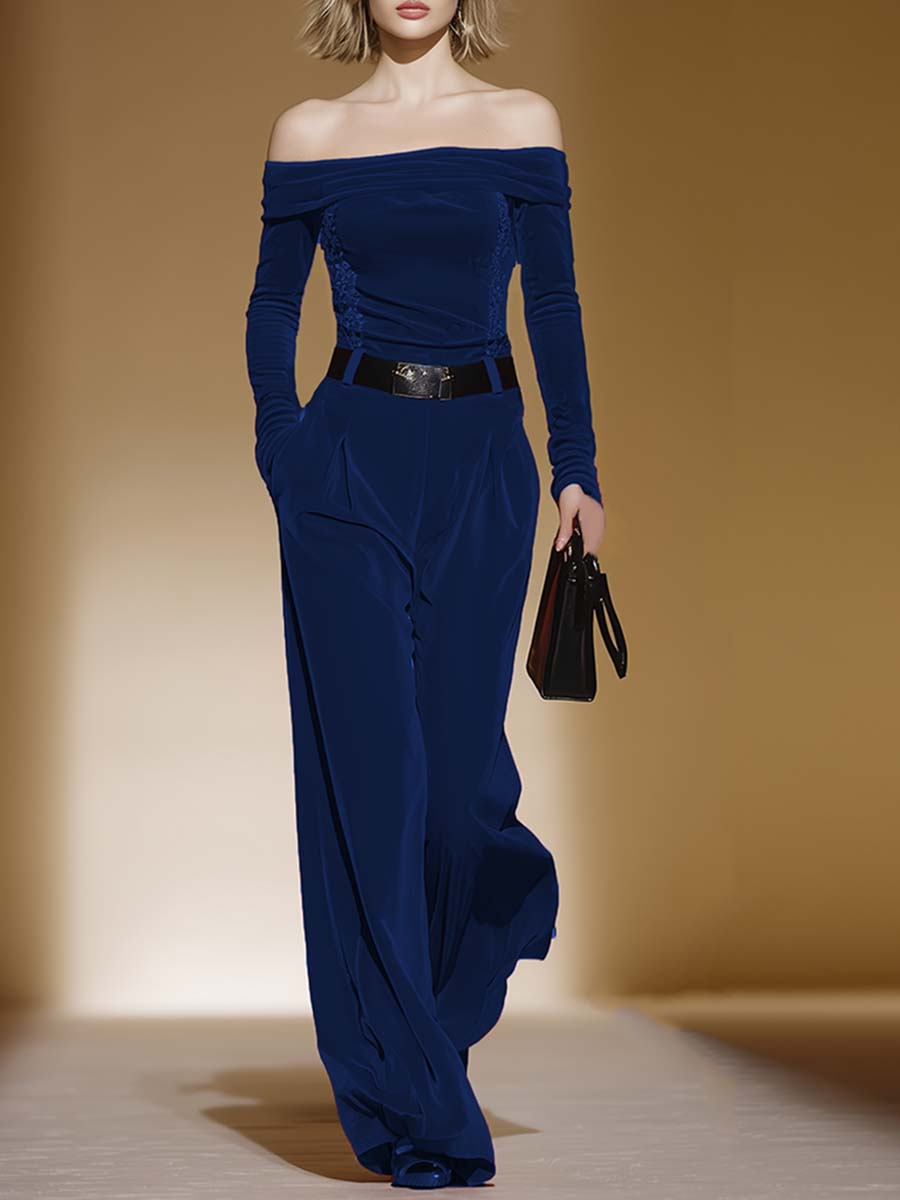Retro Fashion Blue Velvet Lace One-Shoulder Neck Pants Set