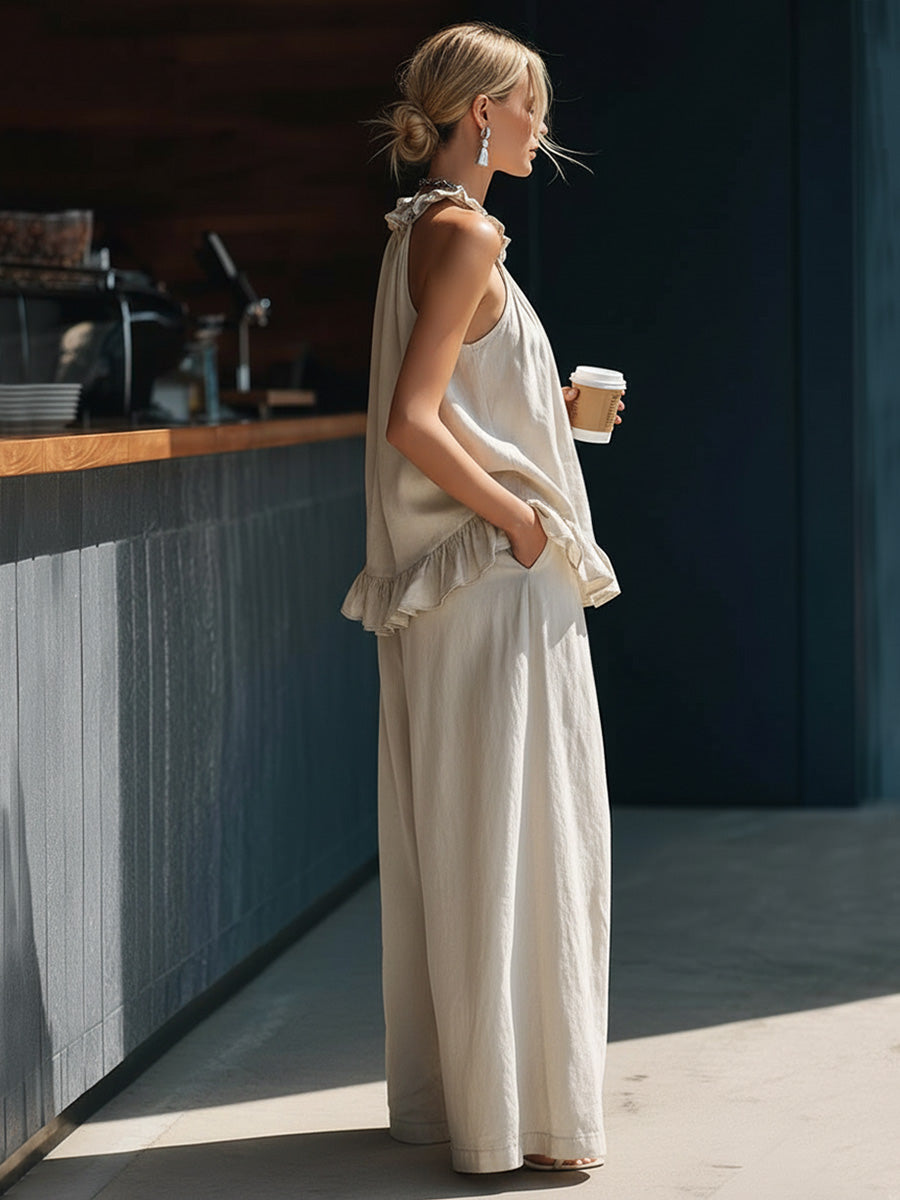 Casual Retro Urban Beige Cotton Linen Top And Pants Set