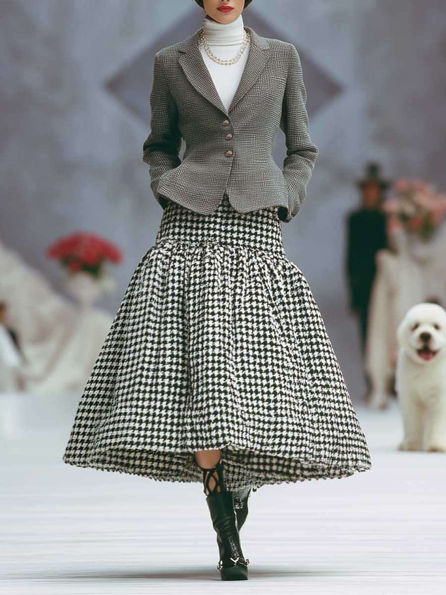 Exquisite Retro Gray Small Plaid Notch Lapel Blazer And Houndstooth Puffy Long Skirt Set