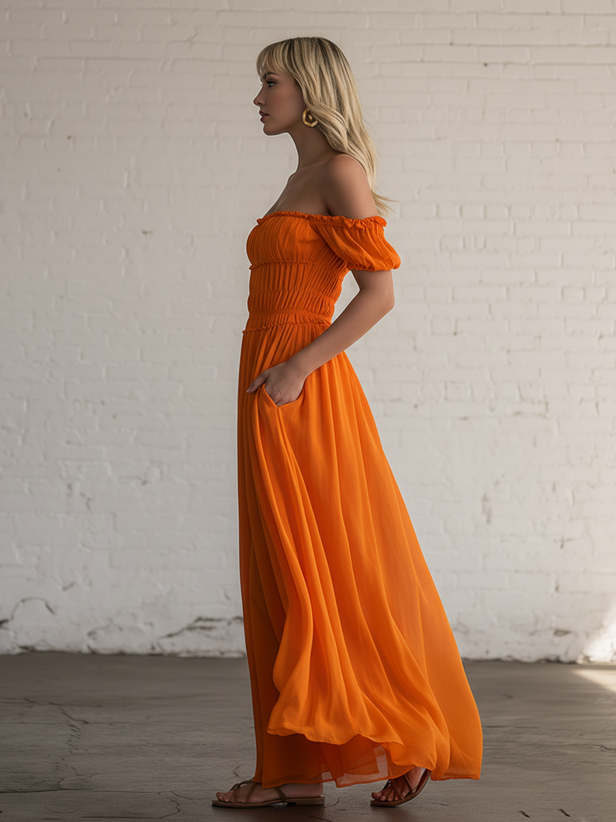 Resort Style Orange Chiffon Pleated Off Shoulder Maxi Dress