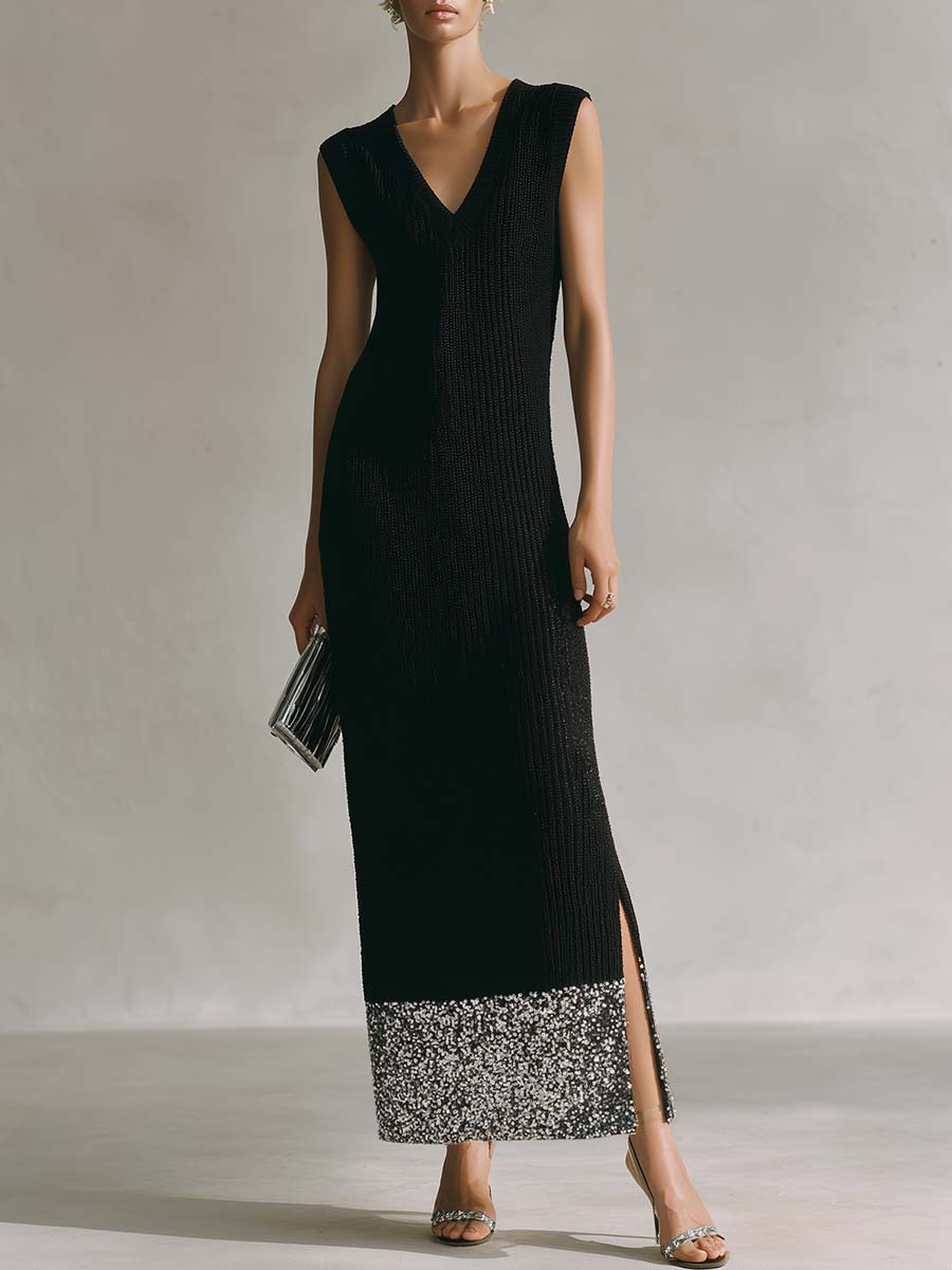 Elegant Fashion Party V-neck Sleeveless Sequined Hem Black Knit Slit Maxi Dress