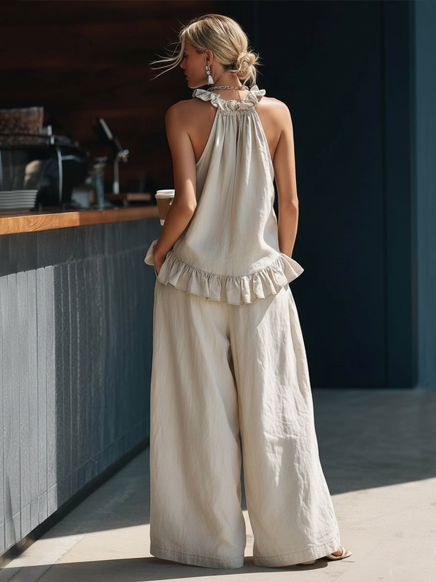 Casual Retro Urban Beige Cotton Linen Top And Pants Set