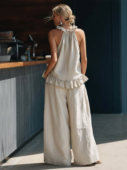 Casual Retro Urban Beige Cotton Linen Top And Pants Set