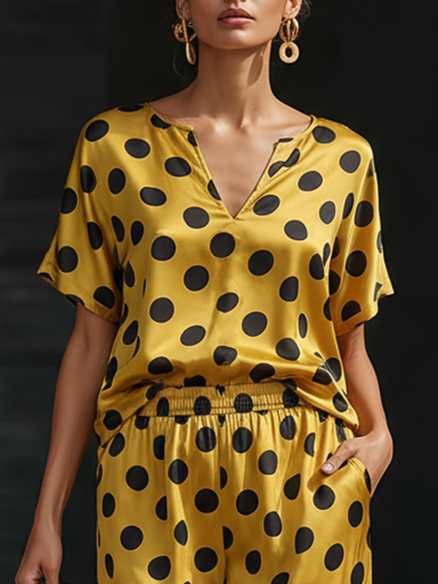 Retro Yellow Satin Satin Black Polka Dot Short sleeved Top And Wide Leg Pants Set