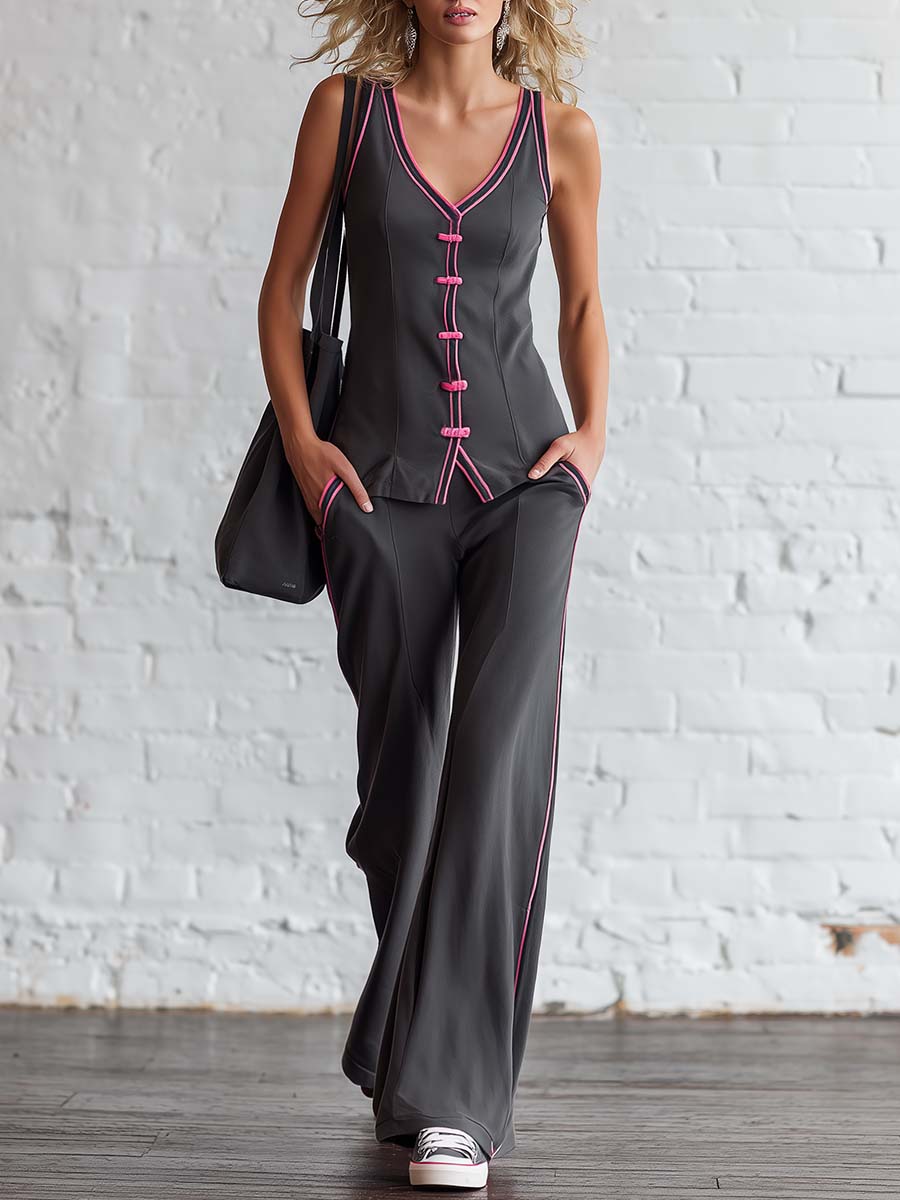 Blokette Aesthetic V-neck Front-buttoned Pink-trimmed Gray Cotton Vest And Pants Set