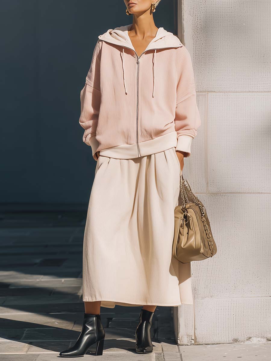 Exquisite Casual Retro Street Light Pink Corduroy Hooded Jacket And Skirt Set