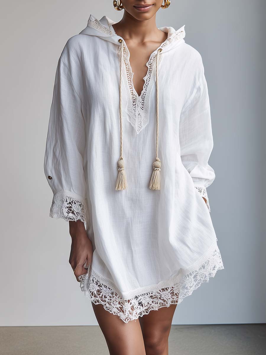 Retro Casual Bohemia V-neck Hooded Lace-trimmed White Cotton And Linen Vacation Mini Dress