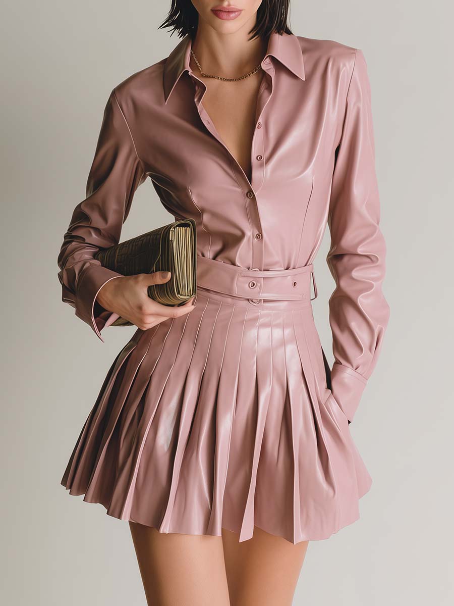 Elegant Fashion Shirt Collar Front Button Pleated Hem Pink Leather Mini Dress
