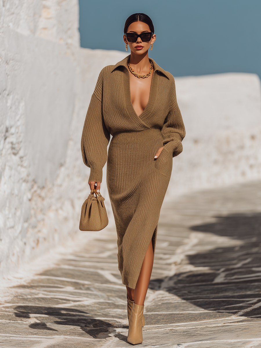 Stylish Sexy Lapel Long-sleeved Knitted Dress