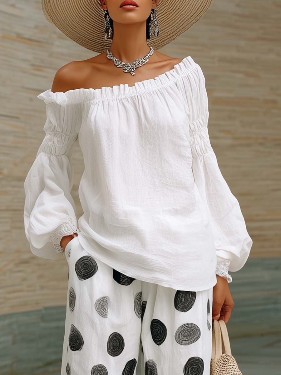 Elegant And Casual White Cotton-linen Off-shoulder Top And Polka Dot Pants Set