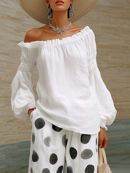 Elegant And Casual White Cotton-linen Off-shoulder Top And Polka Dot Pants Set