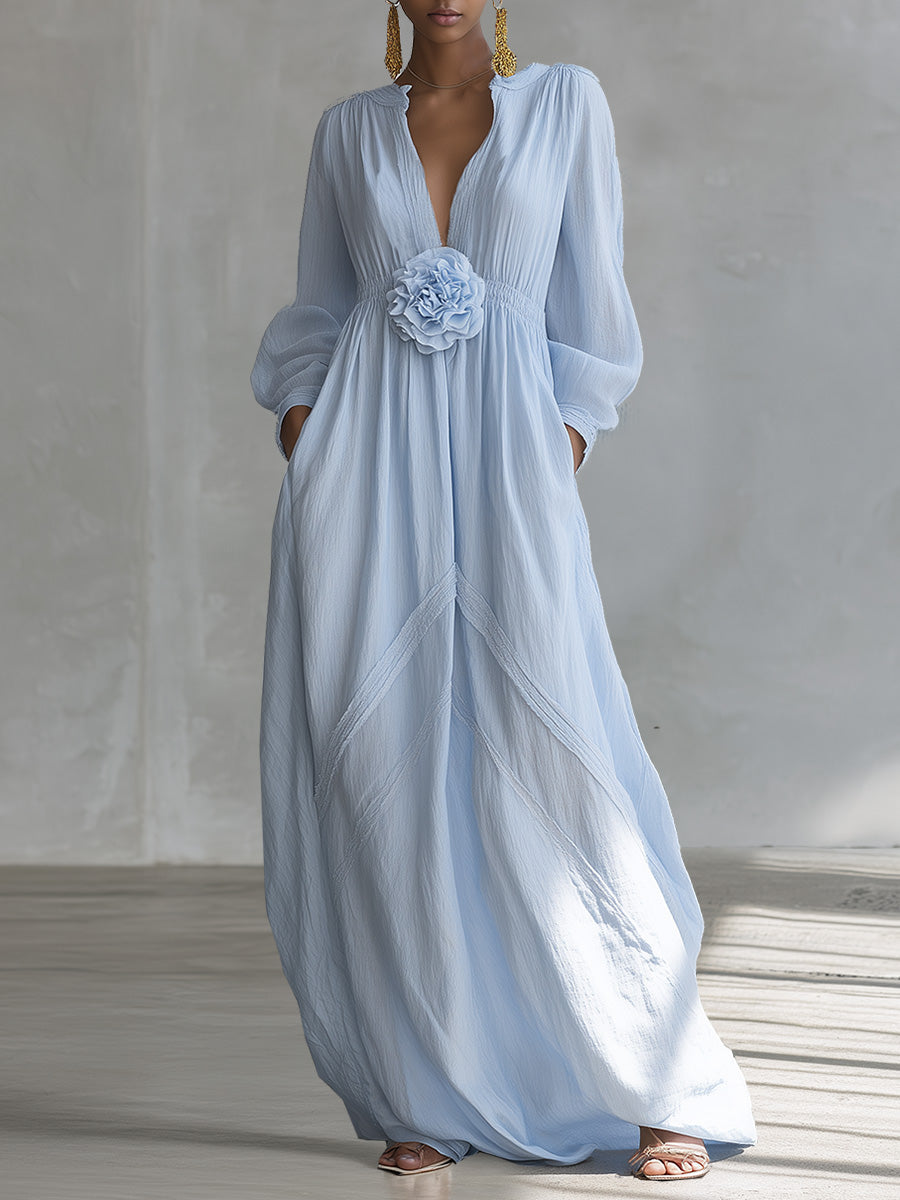 Elegant Flowing Fashion V-neck 3D Floral Embellishments Light Blue Cotton-linen Blend Maxi Dresses