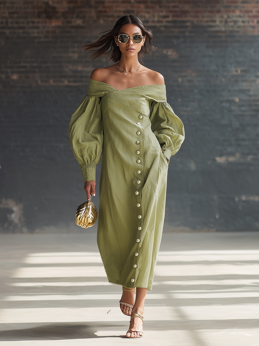 Vintage-style Loose-fitting Off-the-shoulder Lantern Sleeves Asymmetrical Neckline Diagonal Button Closure Green Cotton Maxi Dress