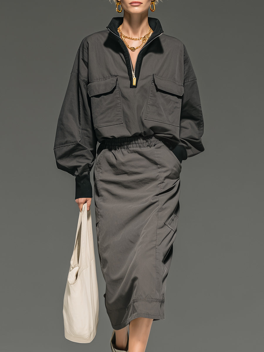 Exquisite Casual Sports Street Contrast Color Lapel Front Zipper Elastic Waist Gray Midi Dress