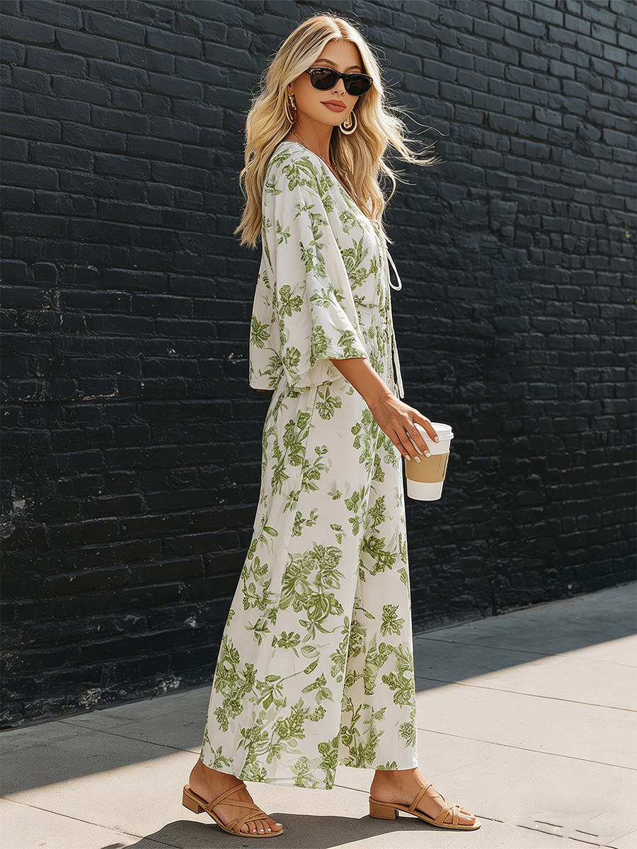 Resort Style White Chiffon Printed Bell Sleeve Top And Wide Leg Pants Set