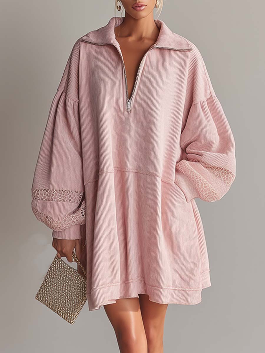 Casual Fashion Loose Lapel Front Zipper Lace Trim Light Pink Corduroy Mini Dress
