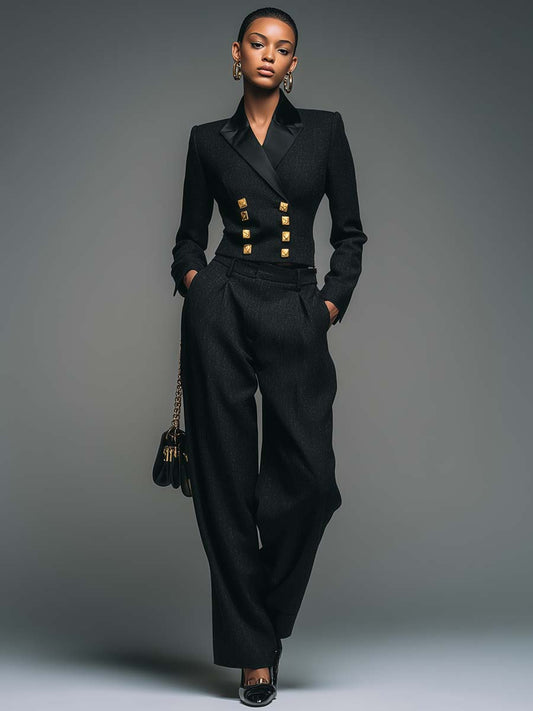 Retro Fashion Black Peak Lapel Cropped Blazer And Trousers Suit