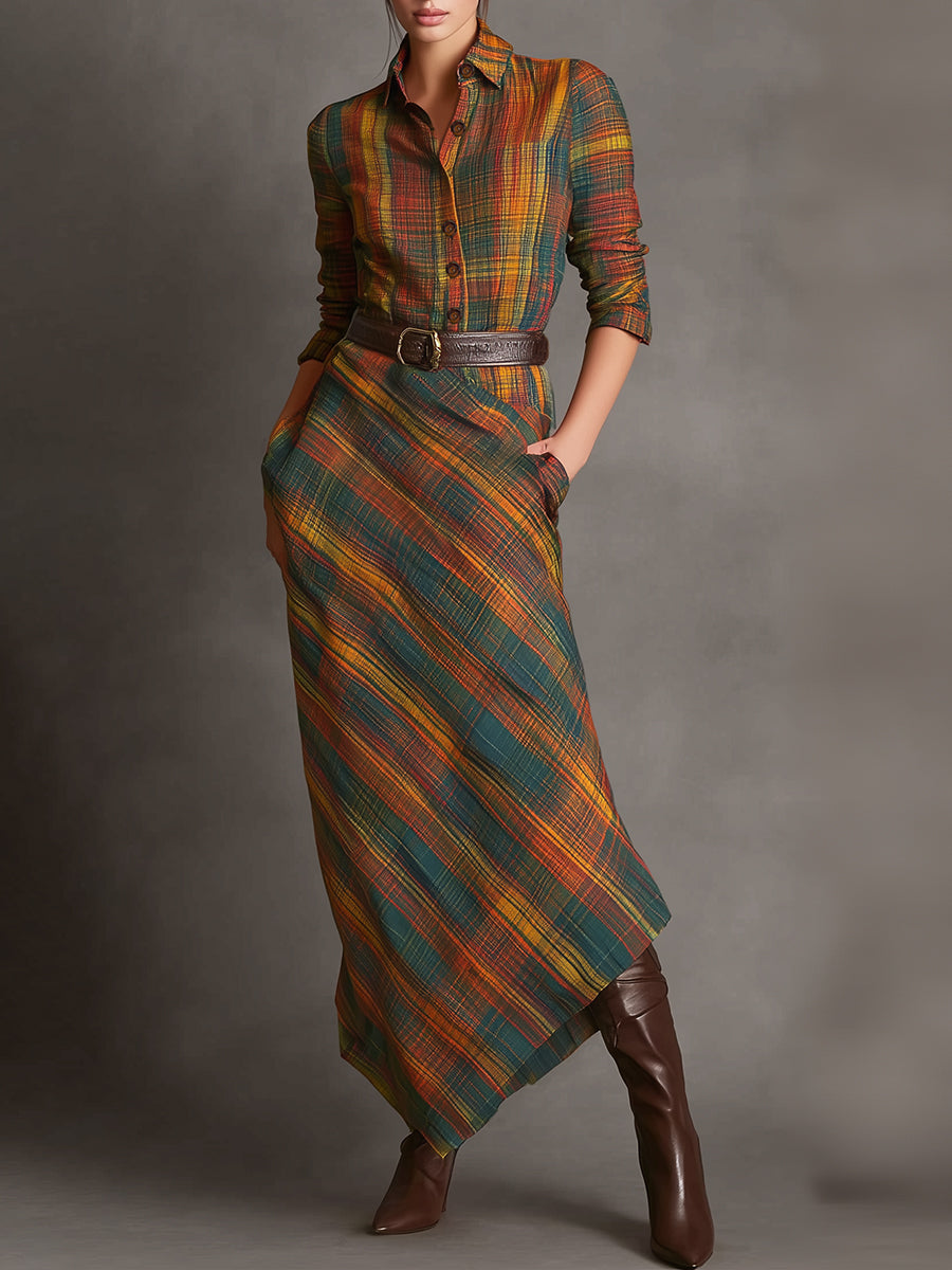 Retro And Fashionable Plaid Print Irregular Hem Maxi Dress