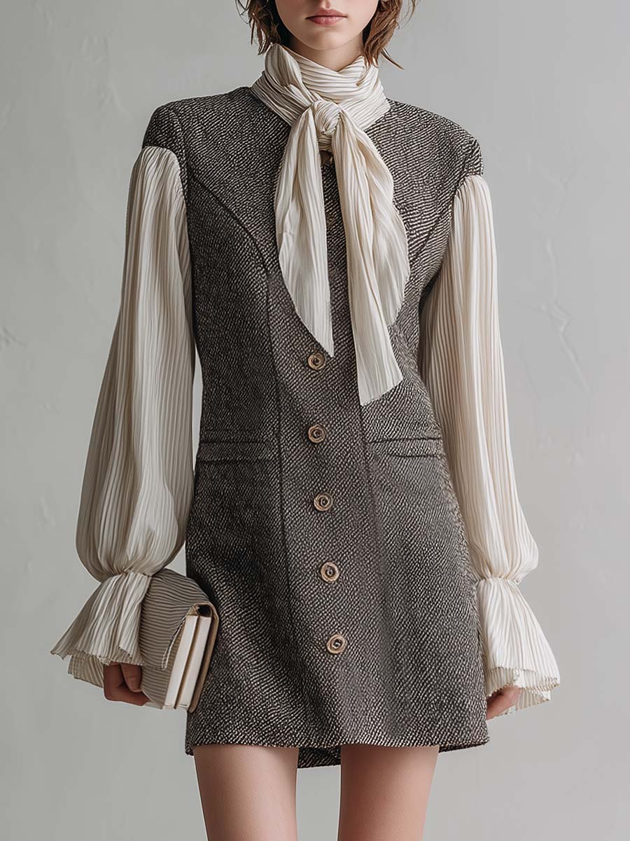 Elegant Retro Tie-neck Chiffon Sleeve Gray Herringbone Mini Dress