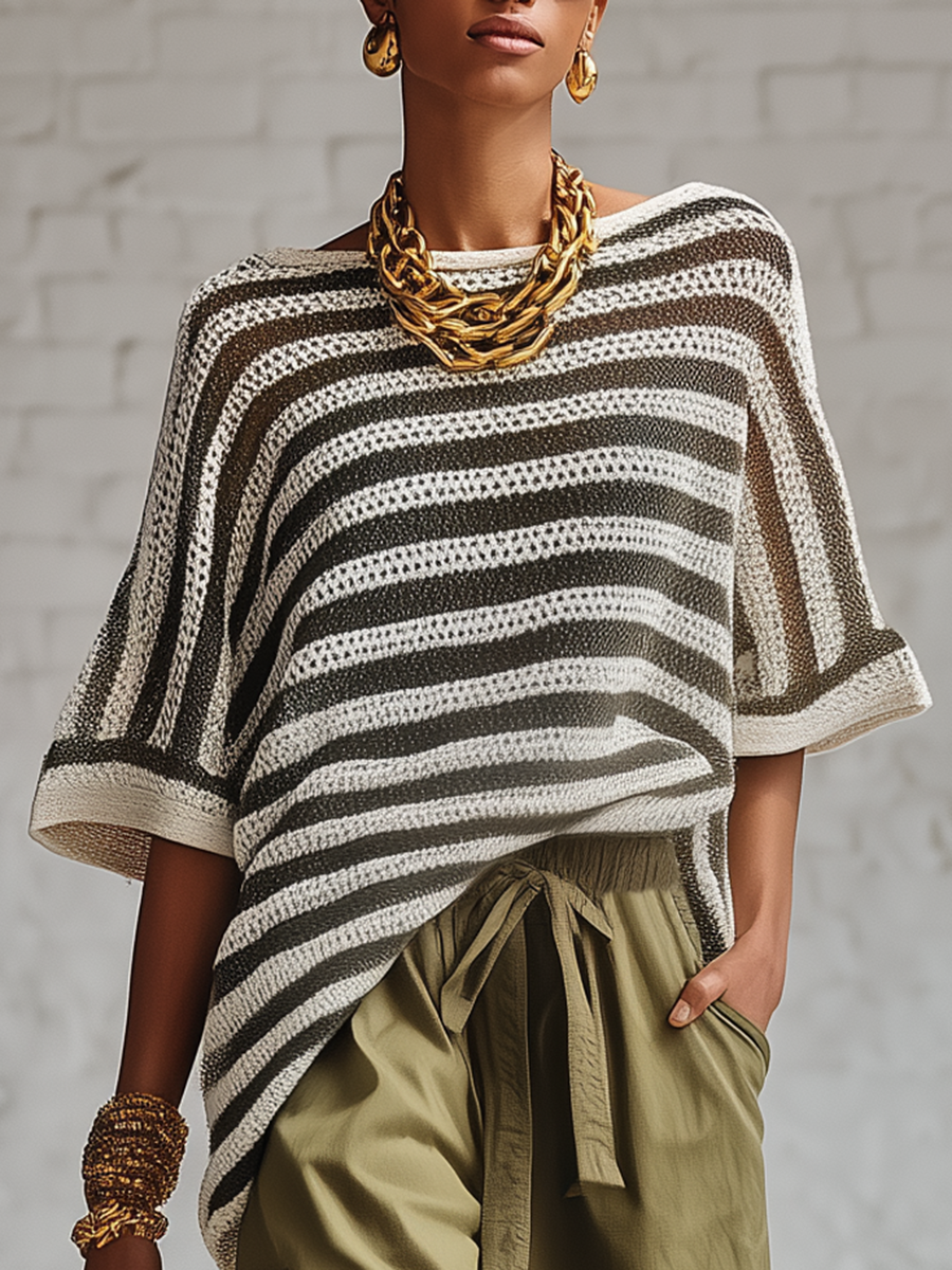 Stylish Simple Short-sleeved Round Neck Black And White Striped Printed Hollow Knit Beige Blouses