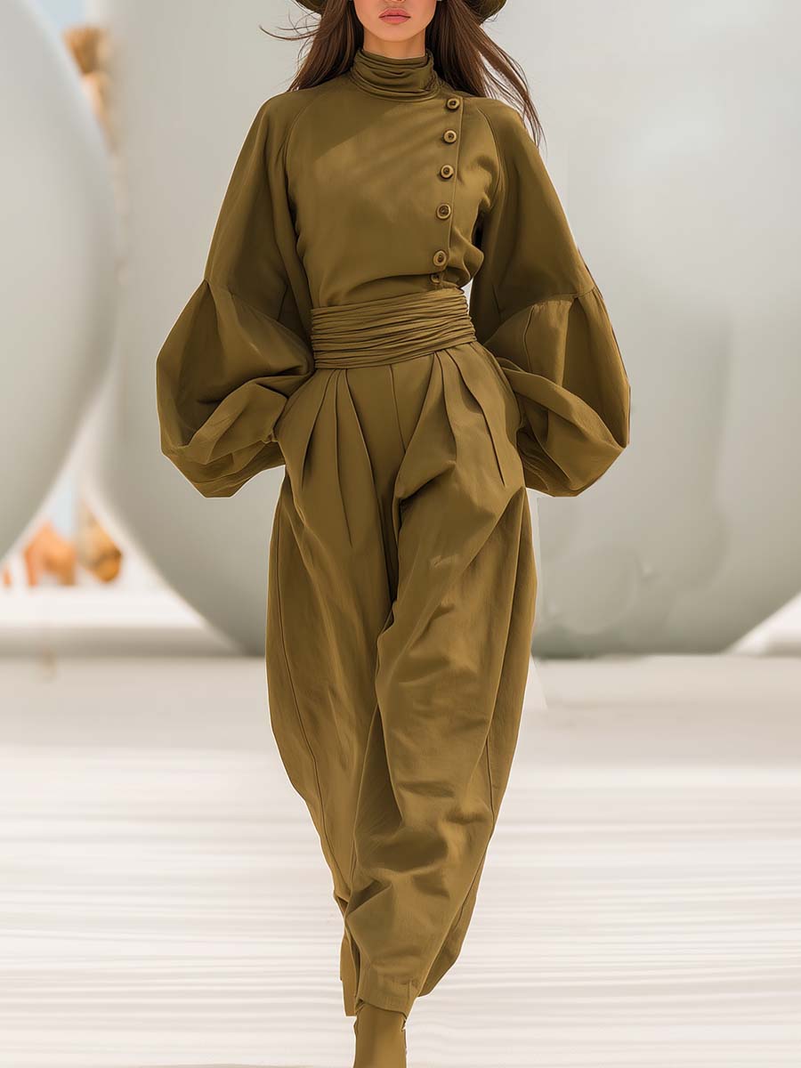 Elegant Retro Olive Green Oblique Button Super Loose Lantern Sleeve Top And Tapered Pants Set