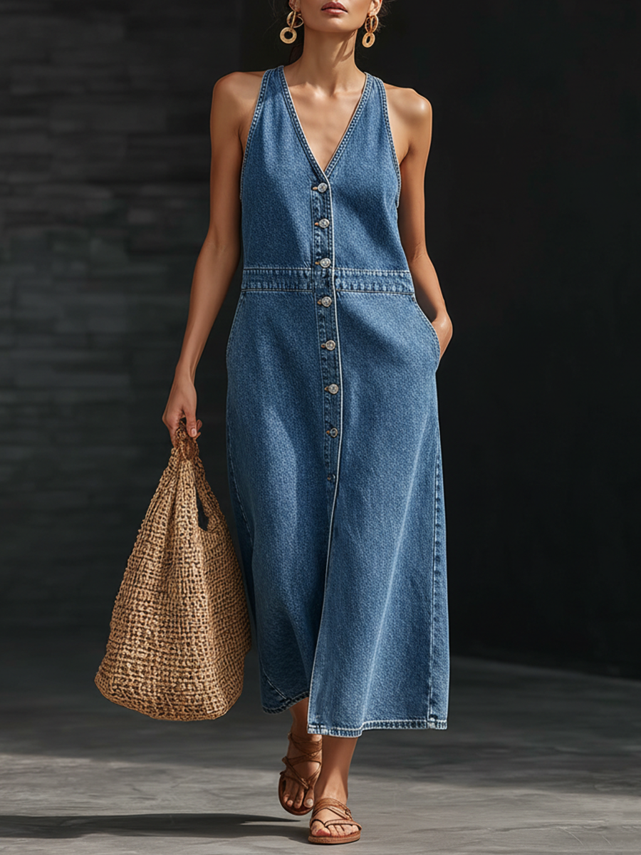 Casual Retro Blue Denim Sleeveless Button Midi Dress