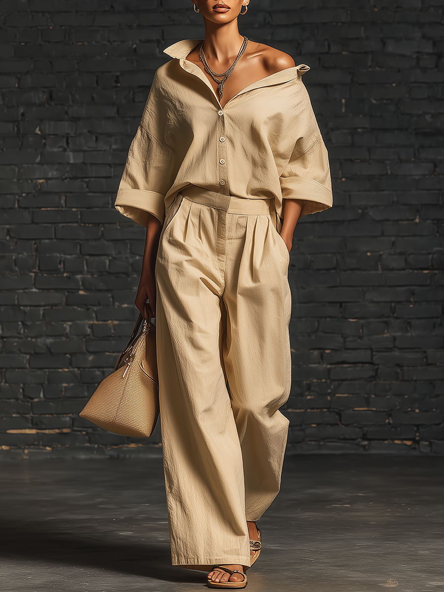 Chic Minimalist Short-Sleeve One-Shoulder Front Buttons Collared Top And Pleated Wide-Leg Trousers Beige Cotton Set