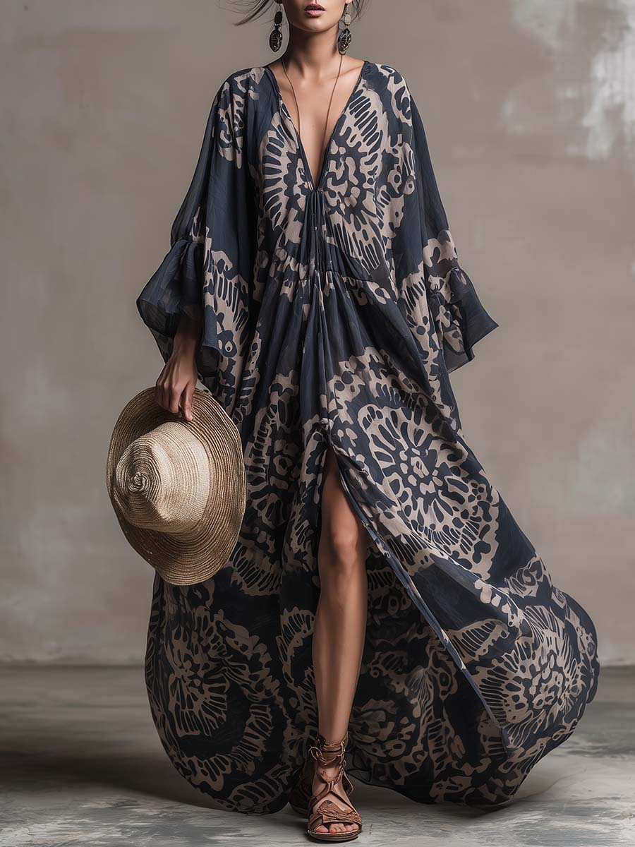 Elegant And Flowing Retro Print V-neck Dark Blue Chiffon Slit Maxi Dress