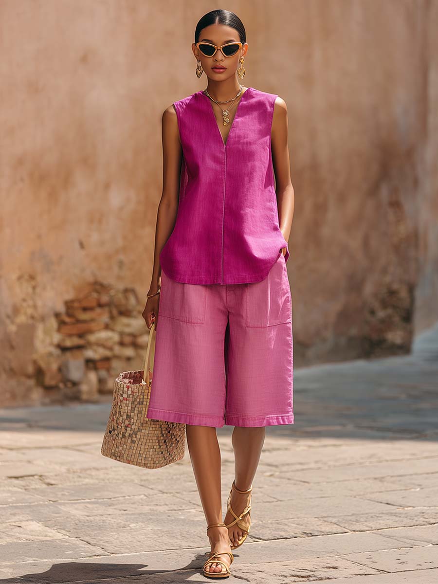 Casual Urban Western Rose Pink Cotton V-neck Top And Shorts Set