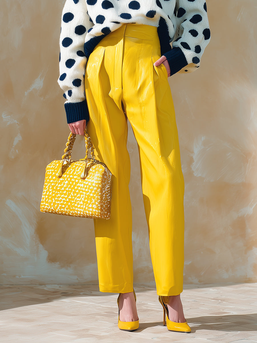 High-end Fashionable Yellow Faux Leather Straight Pants