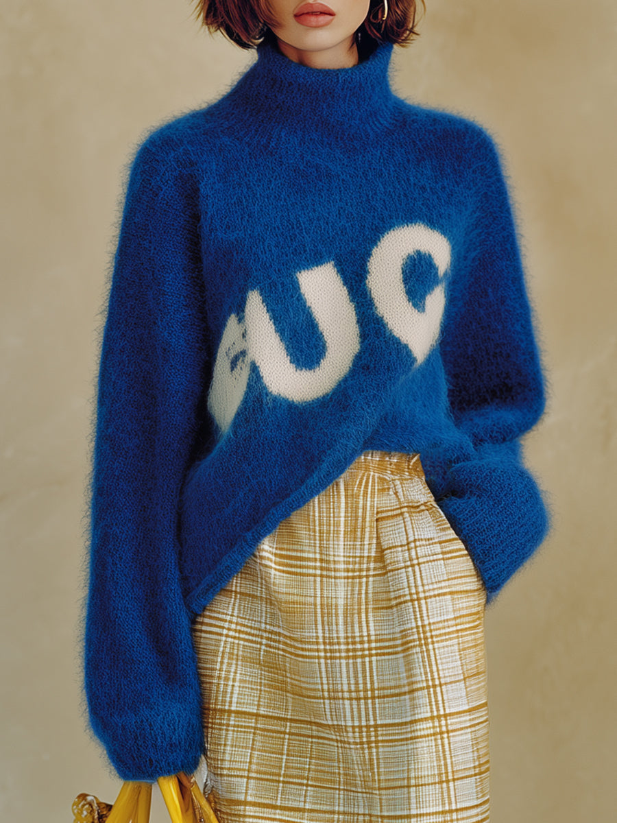 High-end Fashionable Turtleneck Letter Blue Mohair Sweater