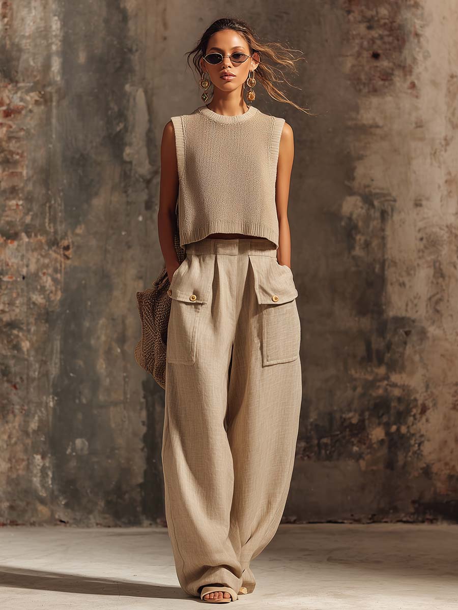 Casual Breathable Urban Style Beige Knitted Top And Cotton Pants Set