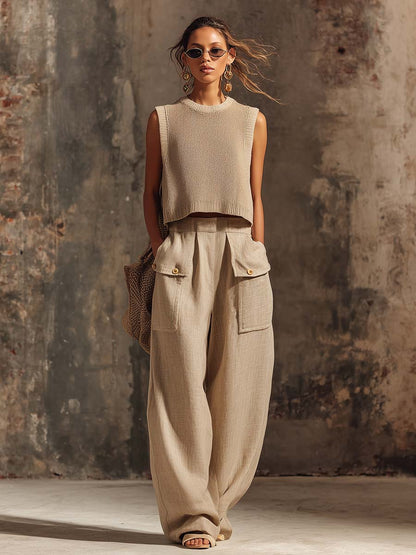 Casual Breathable Urban Style Beige Knitted Top And Cotton Pants Set