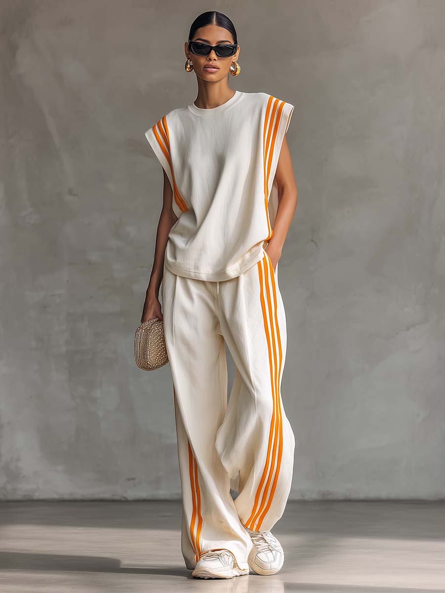 Casual And Stylish Sporty Round Neck Sleeveless Off-white Cotton Top And Wide-leg Pants Set